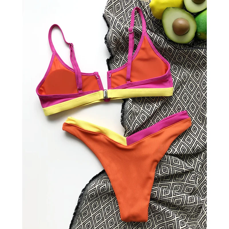 

2021Sexy Bikinis Ribbed Swimwear Women's Swimsuit Push Up Bathing Suit Solid Patchwork Thong High Cut Bikini Two-Piece Suit
