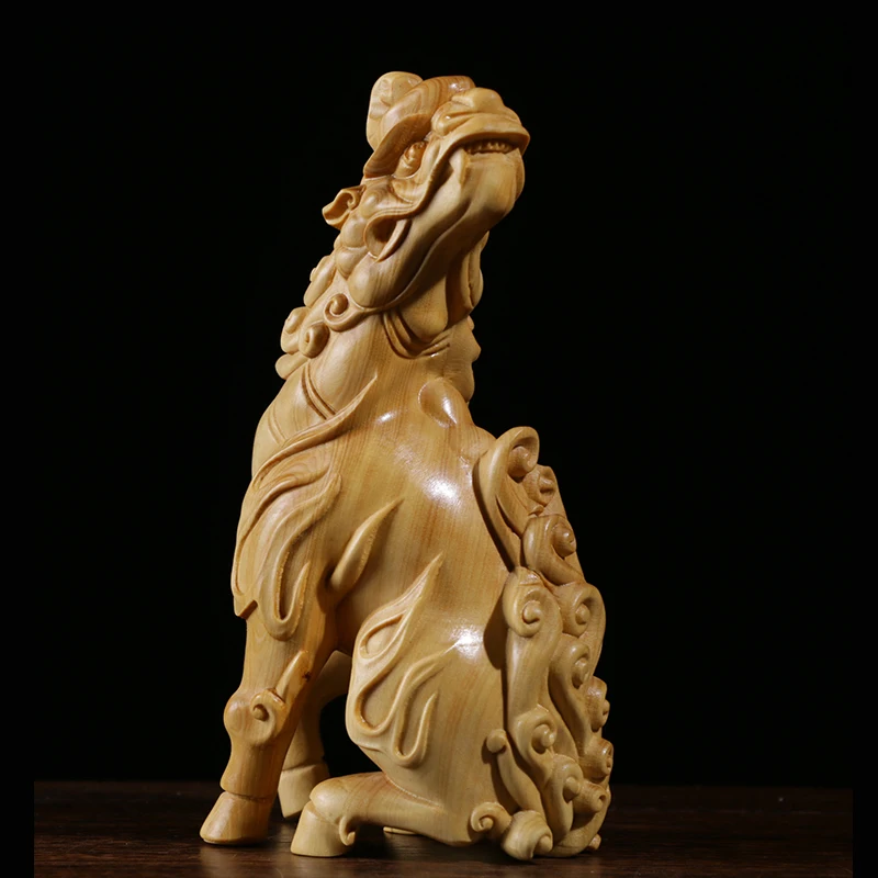 

Boxwood 13cm Unicorn Sculpture Wood Carving Chinese God Beast Animal Lucky Statue Home Decor