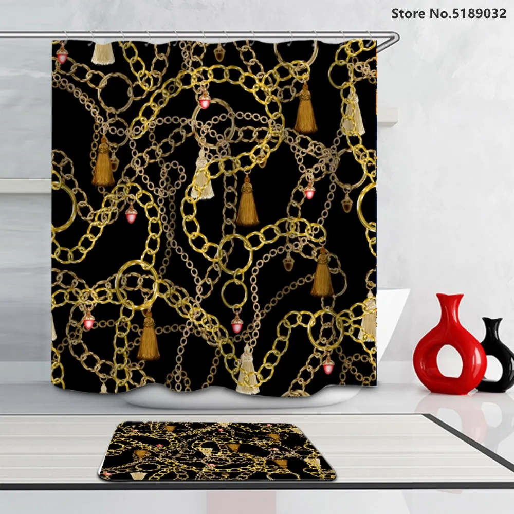 

Waterproof Shower Curtain with Free Hooks 3D Chain Diamond Print Bath Curtain with Anti Slip Rugs Retro European Bathroom Decor