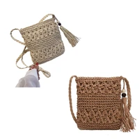 lady beach woven straw shoulder messenger bag with tassel boho hollow out crochet crossbody handbag macrame purse with zipper