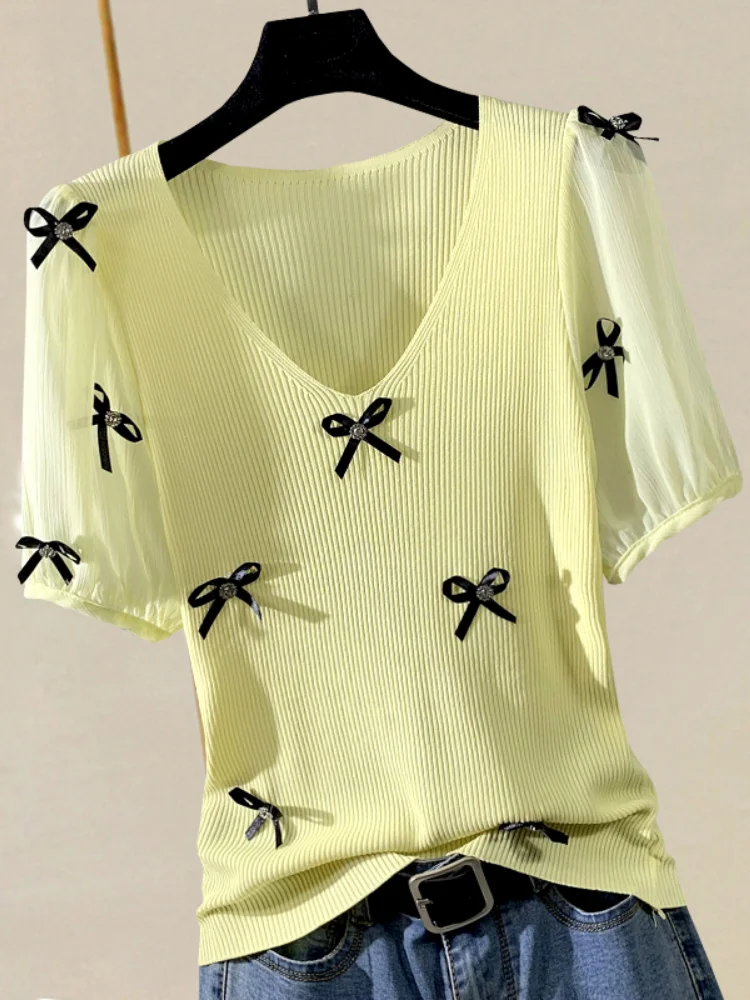 

Fashion Knitted Bow Women T-Shirts Summer New 2021 V-Neck Puff Sleeved Slim Elastic Office Lady Pulls Tops Tees