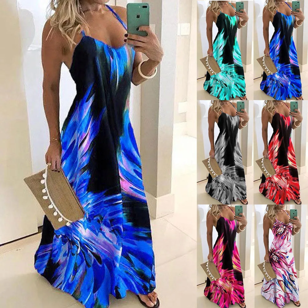 

2021 Vintage Leaf Print Dress Sexy Spaghetti Strap V Neck Long Dress Women Summer Big Swing Beach Dresses Party Tunic