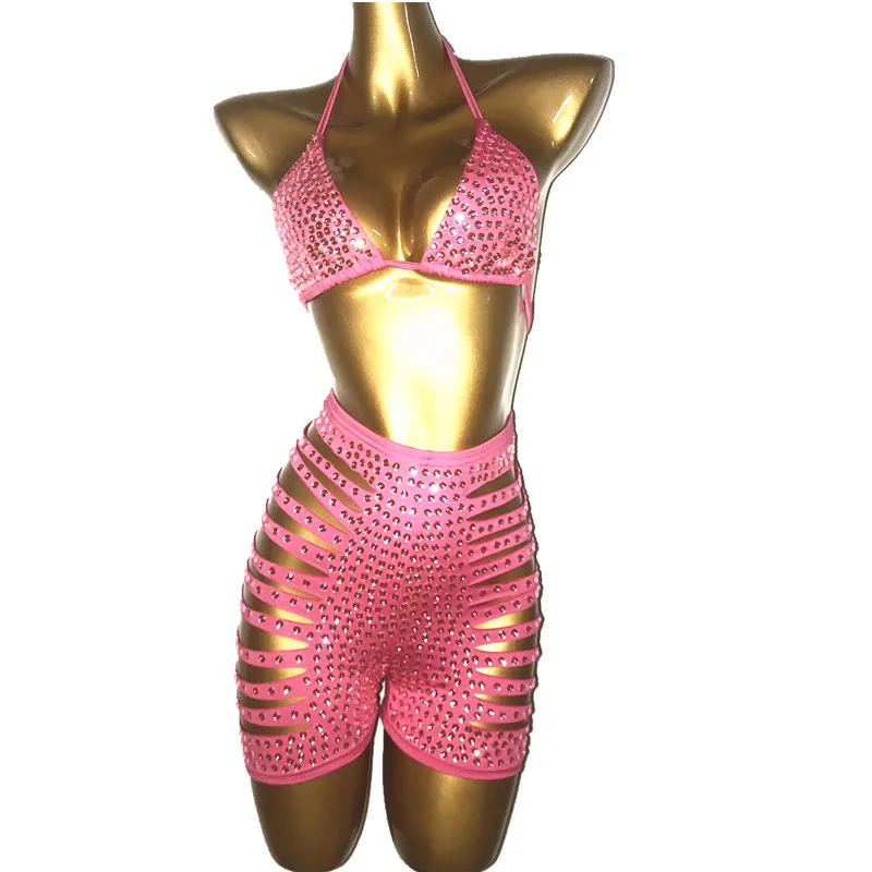 Conjunto de Bikini con piedras rosas brillantes para mujer, traje de Bikini Sexy con sujetador de diamantes de imitación, traje corto para baile de graduación, cumpleaños, celebración y baile