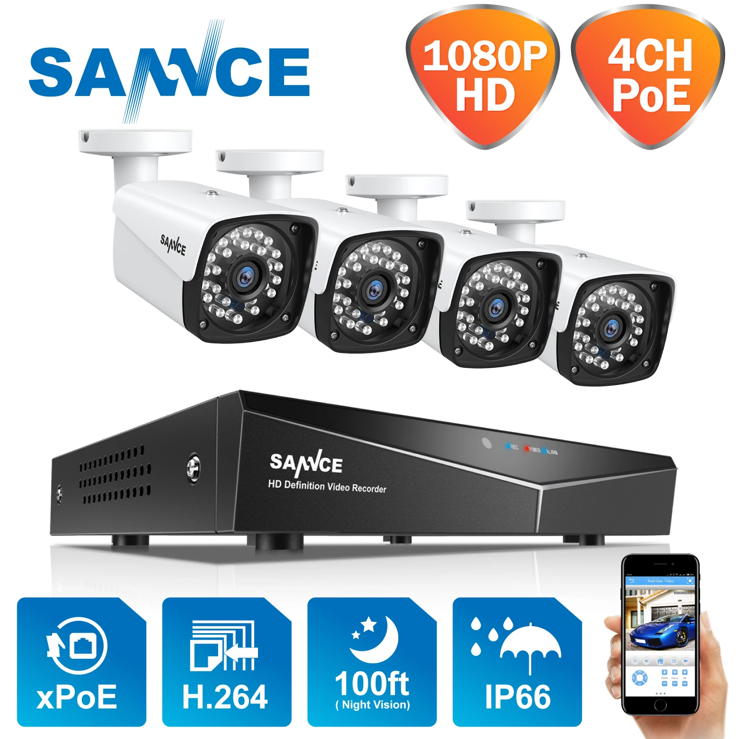 

SANNCE 2MP XPOE HD Video Surveillance Cameras System 4CH H.264 NVR With 1080P Outdoor Waterproof Security NVR System Ip Camera