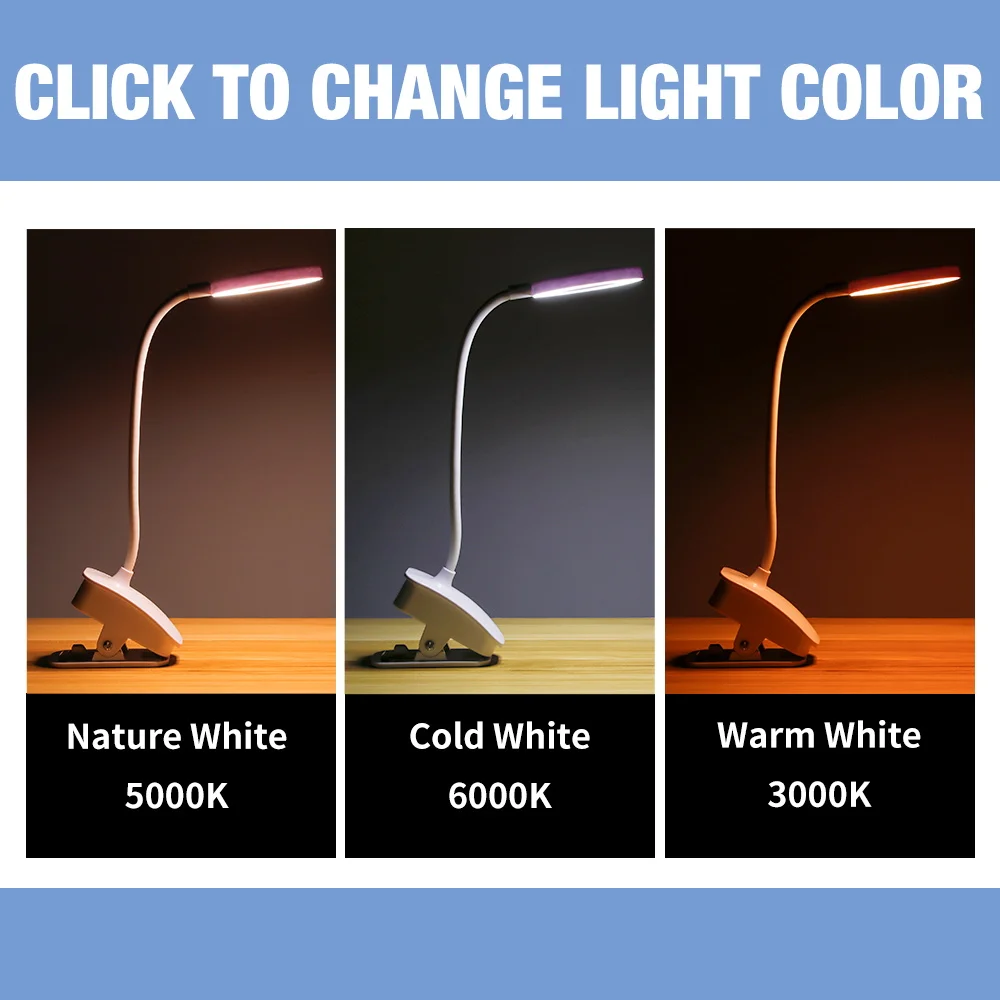

3 Colors Table Lamp LED Desk Light Touch Clip Study Lamps Desktop USB 5V Table Lights LED Portable Rechargeable 18650 Battery