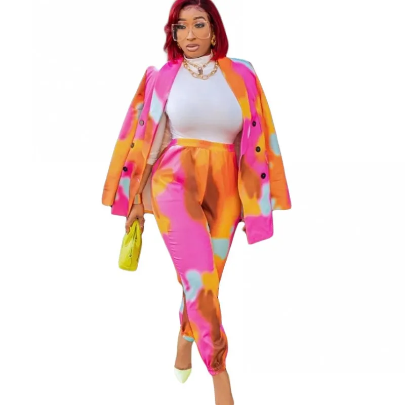 

Casual Ladies Suit 2021 Autumn Winter Print Lapel Long-Sleeved Suit Trousers Two-Piece European American Sexy Slim Jacket S-3XL