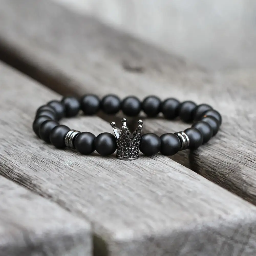 Мужской браслет с черным и белым фианитом стильный матовым камнем 2019|Плетеные