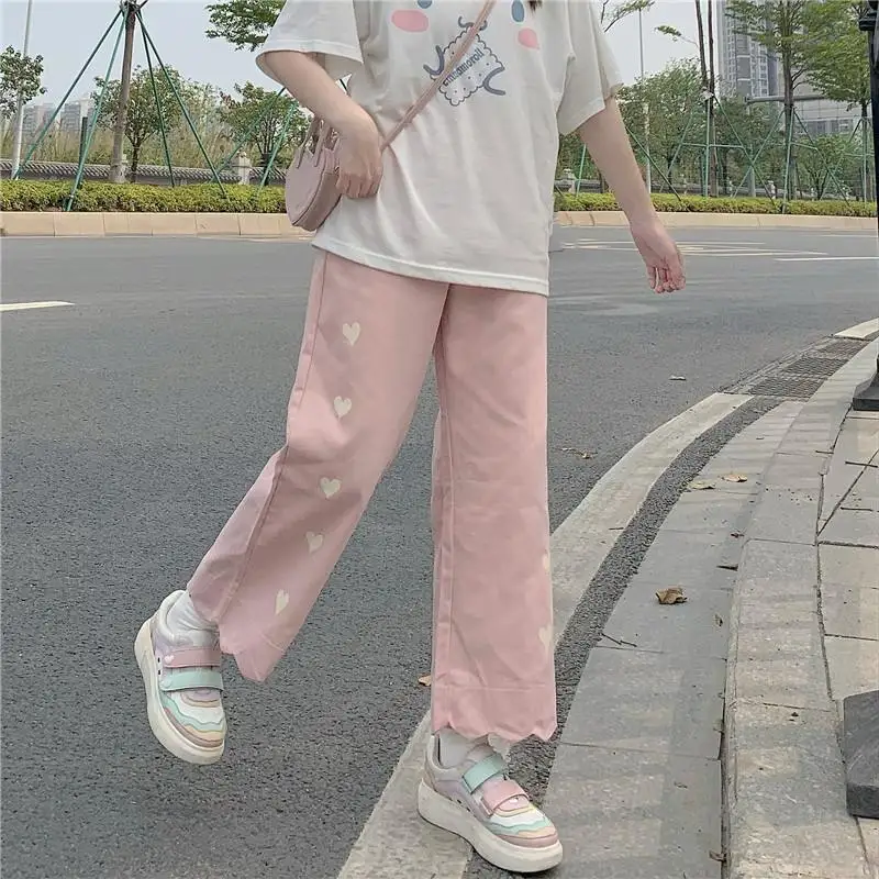Autumn Loose Casual Cute College All-match High Street Kawaii Fashion Lovely Panta Pink Pants Women Harajuku Heart-print | Женская