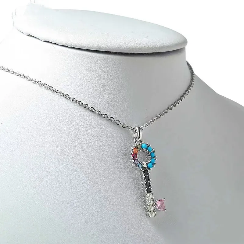 Fashion Women Silver Rose Gold Stainless Steel Color Zircon Crystal Key Heart Pendant Necklace Jewelry