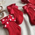 Рождественские новогодние носки с красным бантом для девочек, Осень-зима 2020, теплые детские носки, шерстяные детские носки в испанском стиле для малышей