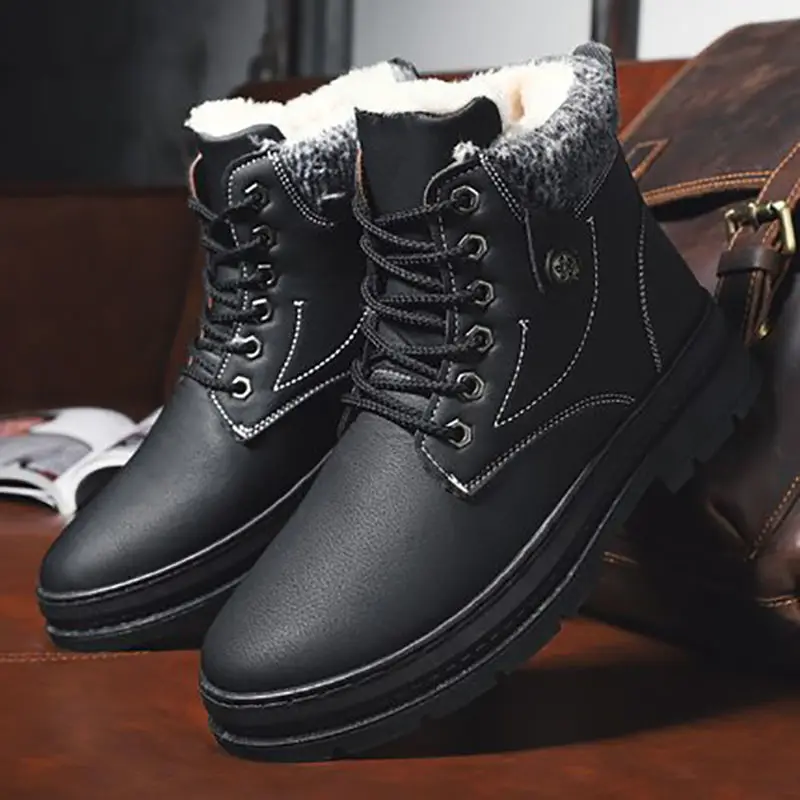 

Men Flat Boots Snow Boots Men Shoes High Top Thick Soled Plus Velvet Warm Middle Top Snow Winter Waterproof Cotton Shoes