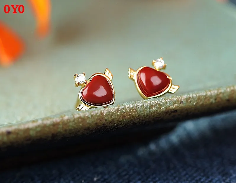 

100%S925 pure silver inlaid with natural South Red Agate heart-to-heart impression wings exquisite mini-lady ear nails