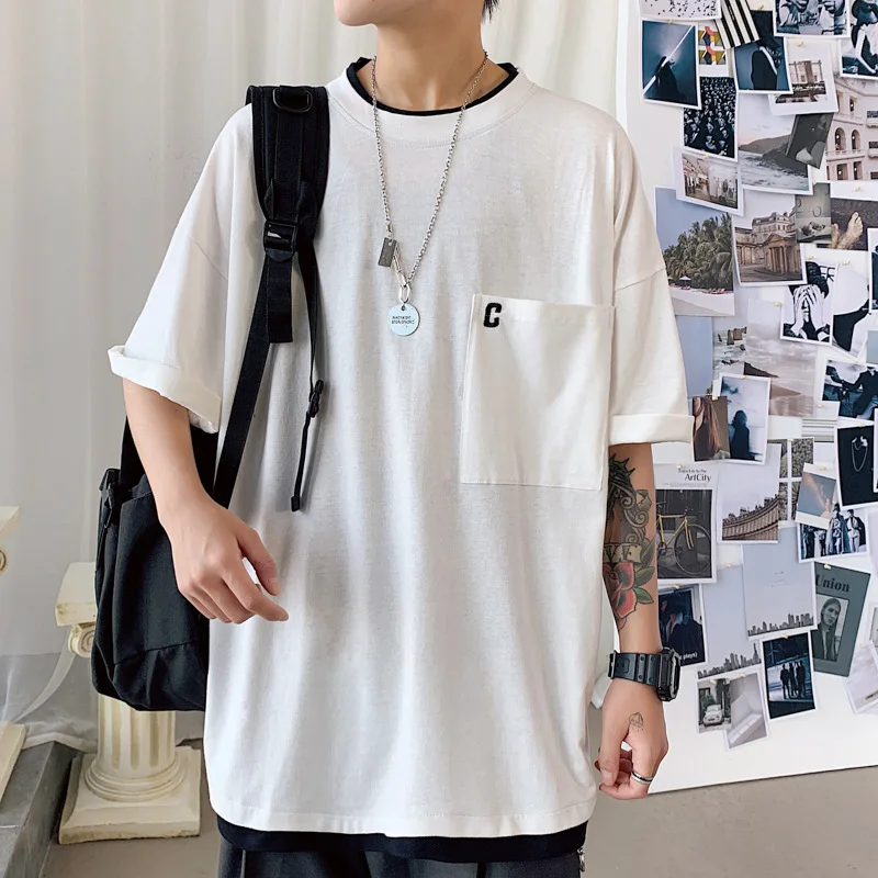 

2020 Spring and Summer Couple Sports Short-Sleeved Letter T-shirt Youth Solid Color plus Size Fake Two Pieces Patch Pocket Top