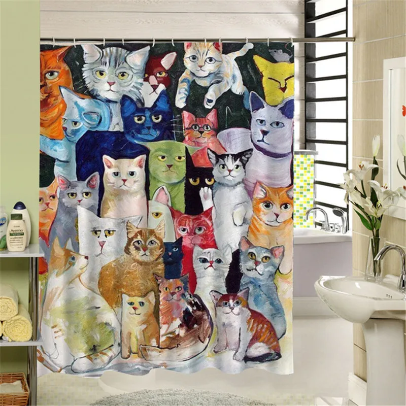 

Cute Animal Yoga Cats Shower Curtain Printed with Different Actions Waterproof Eco-friendly with 12 Hooks Animal Design