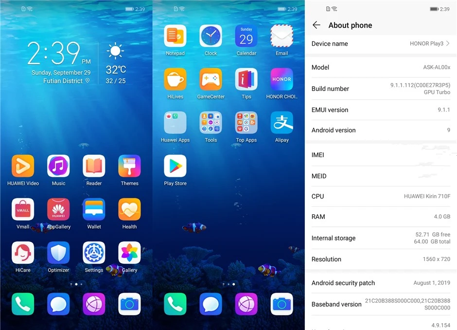Официальный Honor play 3 смартфон 4000 мАч 4 Гб ОЗУ Kirin 710F 48MP камера Android 9,0 6,3" Google Play Face ID