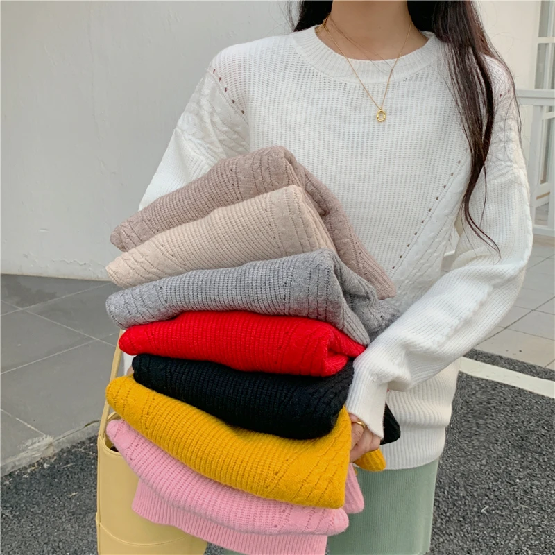 

O-neck Loose Casual Sweater Jumpers Women 2021 Spring Full Sleeve Korean Fashion Solid Pullover Twisted Knitted Female Basic Top