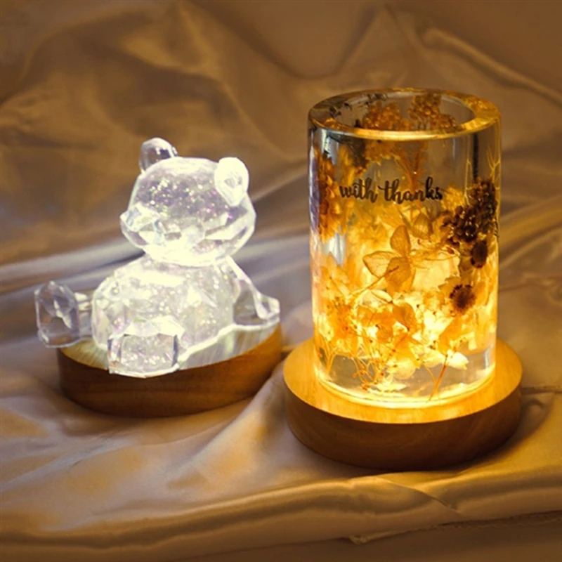 

Handmade Resin Art Wood LED Light Display Base Crystal Glass Resin Art Ornament Wooden Night Light Base Stand Crafts