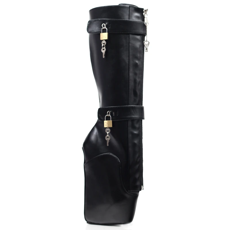 

Women Sexy Boots 18cm High Wedge Heel Heelless Sole Lockable Zipper padlocks Knee-High Ballet Boots Unisex Shoes