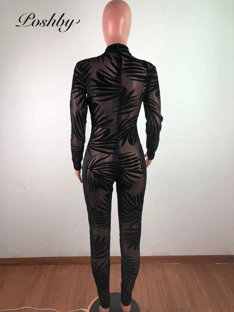 

Poshby Bamboo Leaf Mesh Perspective 2021 Women Club Party Turtleneck Bodysuit Bandage Long Sleeve One Piece Sheer Night Jumpsuit