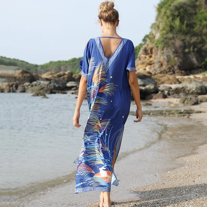New Loose Holiday Women Tunic Off-The-Shoulder Positioning Print Robe Flower Dress Beach Blouse Female Swimsuit Bikini Cover Up