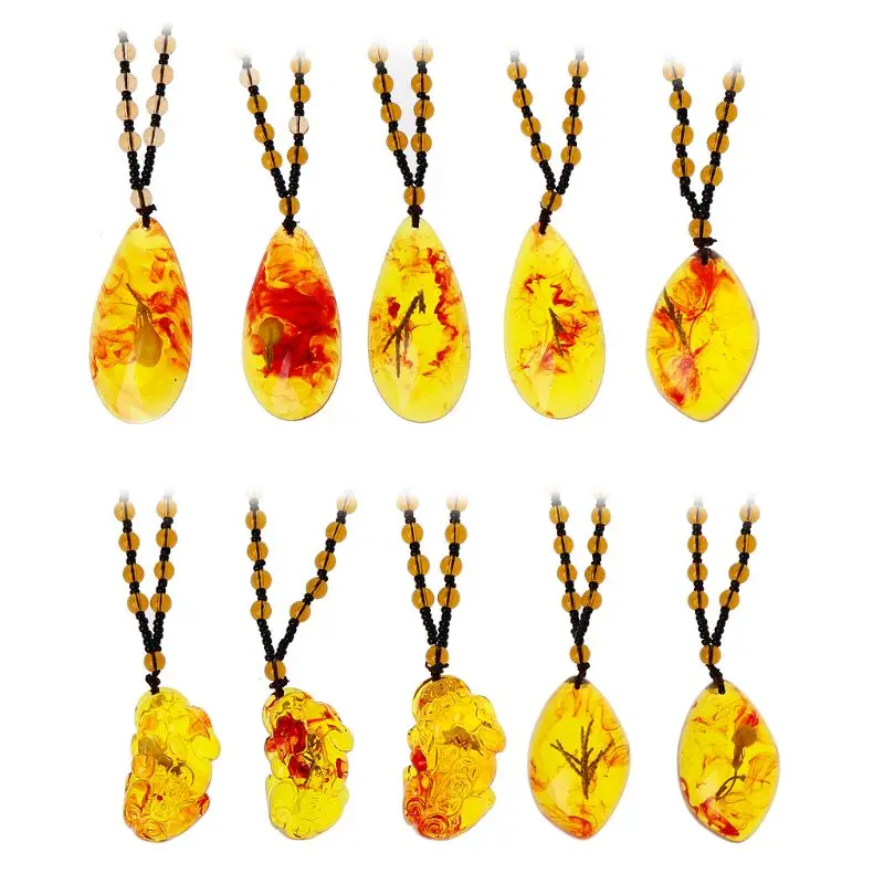 

69HB Baltic Amber Plant Inlaid Natural Pendant Necklace Unisex Fashion Jewelry
