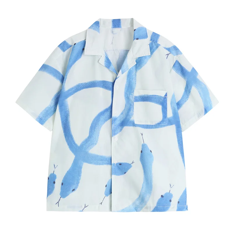 

ZCSMLL Curve print lapel shirt women's summer design sense niche loose and versatile short-sleeved shirt 2021 summer tide