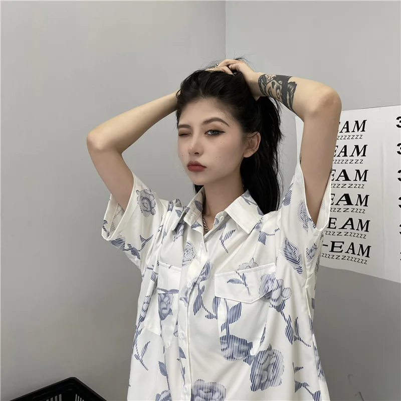 

Harajpoo Women Shirts Summer Korean Version Ins Port Style Retro Lazy Wind Loose BF Casual Flower Print Niche Short-sleeved Tops