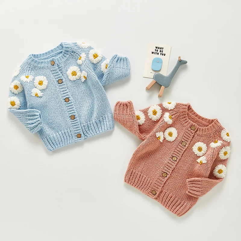 Spring Baby Girls Embroider Cardigan Coat Clothing Autumn Baby Girls Long Sleeve Printing Knit Coat Children Kids Girls Coats