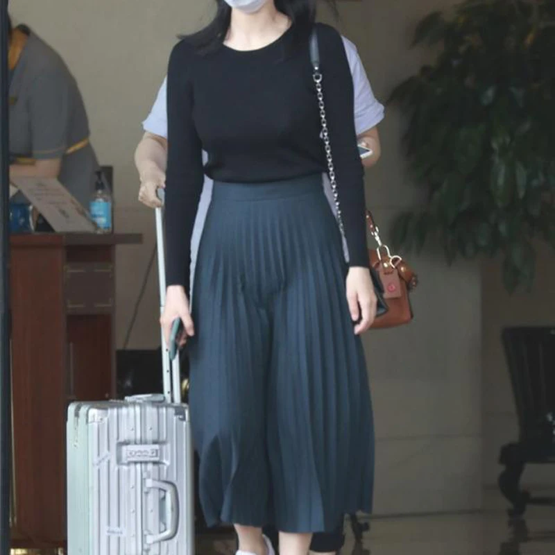 

2020 Autumn New Round Neck Long Sleeve Knitted Stretch Top Elegant Temperament Pleated Half Skirt Women'S Two-Piece Suit
