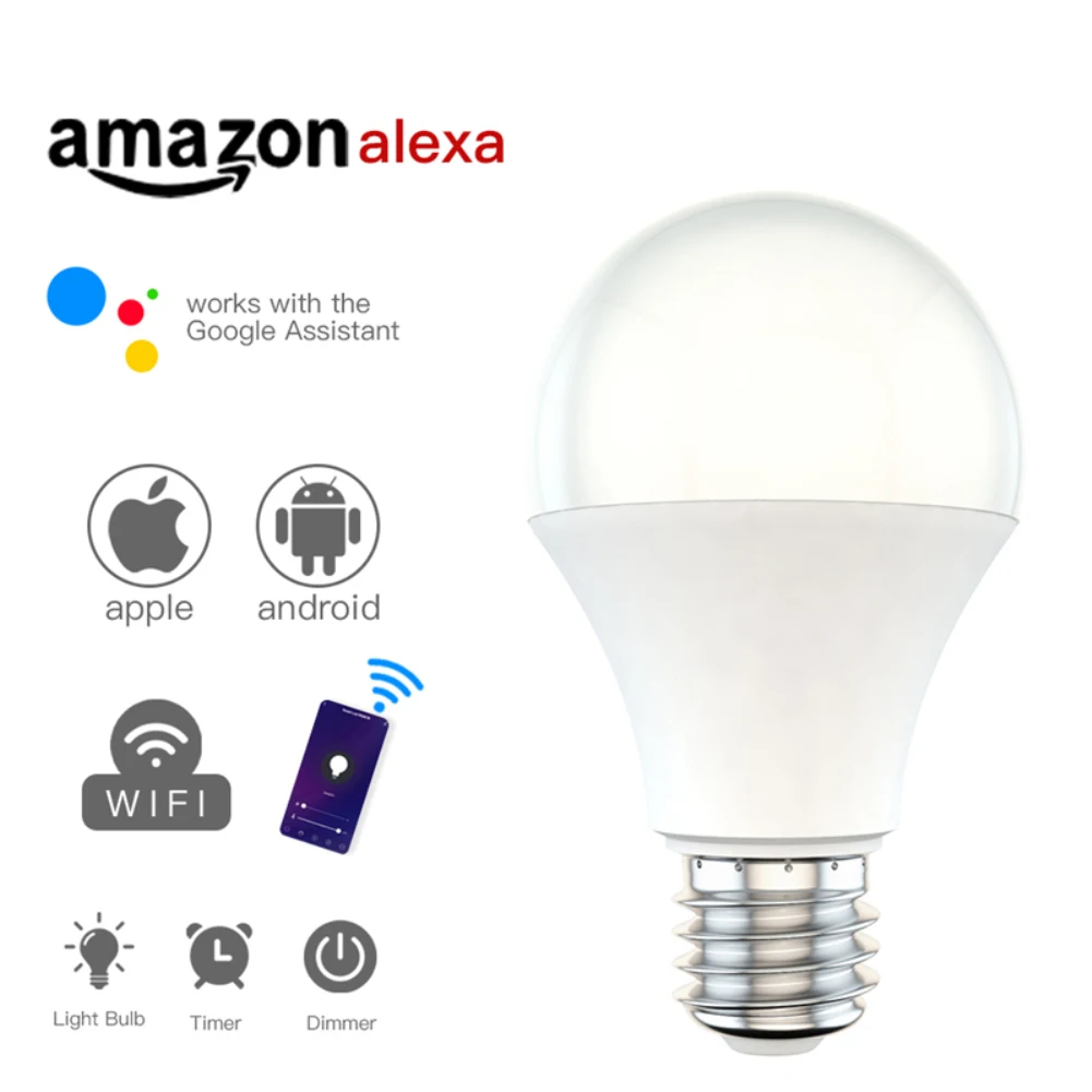 

Умная лампочка с Wi-Fi, E27, E26, B22, с регулируемой яркостью, холодный и теплый свет, умная лампочка с голосовым управлением, работает с Alexa Google Home