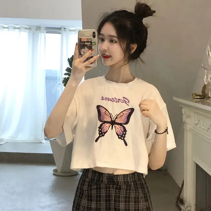

Mode Short Streetwear Kleding Vrouwelijke Harajuku Overhemd shirt vintage clothes lovely Losse Butterfly print T-shirt Casual