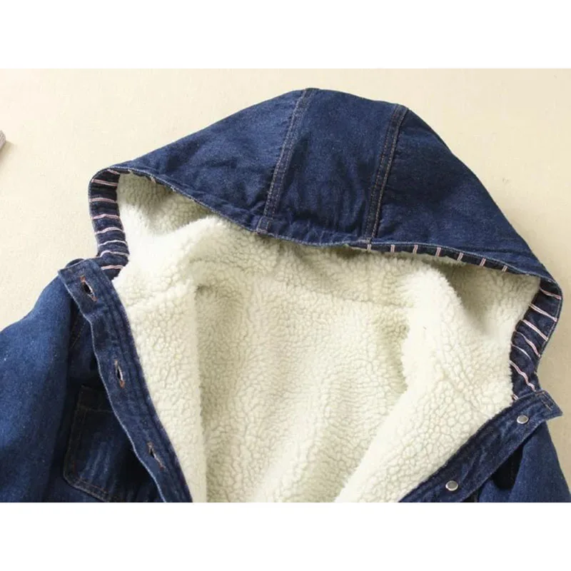 Куртка женская джинсовая с капюшоном бархатная хлопковая теплая одежда из