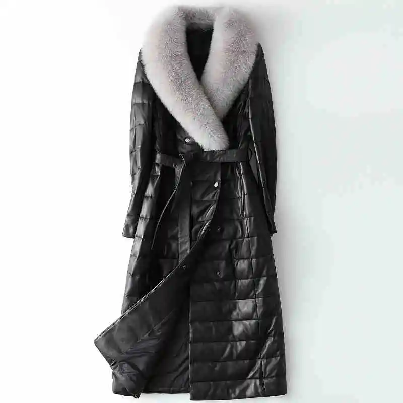 

New fashion Duck Down Filling Real Sheep Leather Jackets Female Real Fox Fur Locomotive Genuine Leather Jackets WY154 dropship