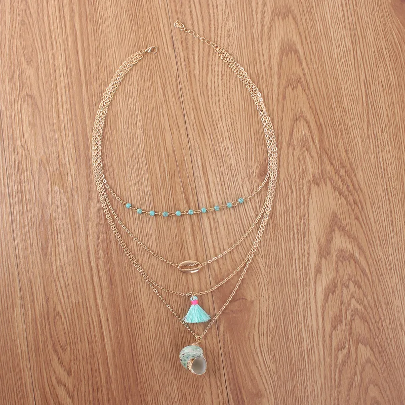 Модное богемное многослойное зеленое ожерелье с подвеской в виде ракушки для