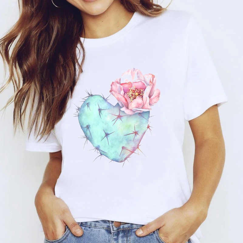 

T-shirts Top for Women Love Floral Pink Trend Heart Short Sleeve Clothing Print Lady Graphic T Shirt Ladies Female Tee T-Shirt