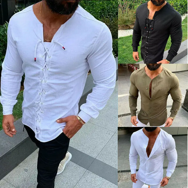

Mens Causal Shirts Cotton Linen Long Sleeve Slim Fit Base Shirt Plus Size M-5XL