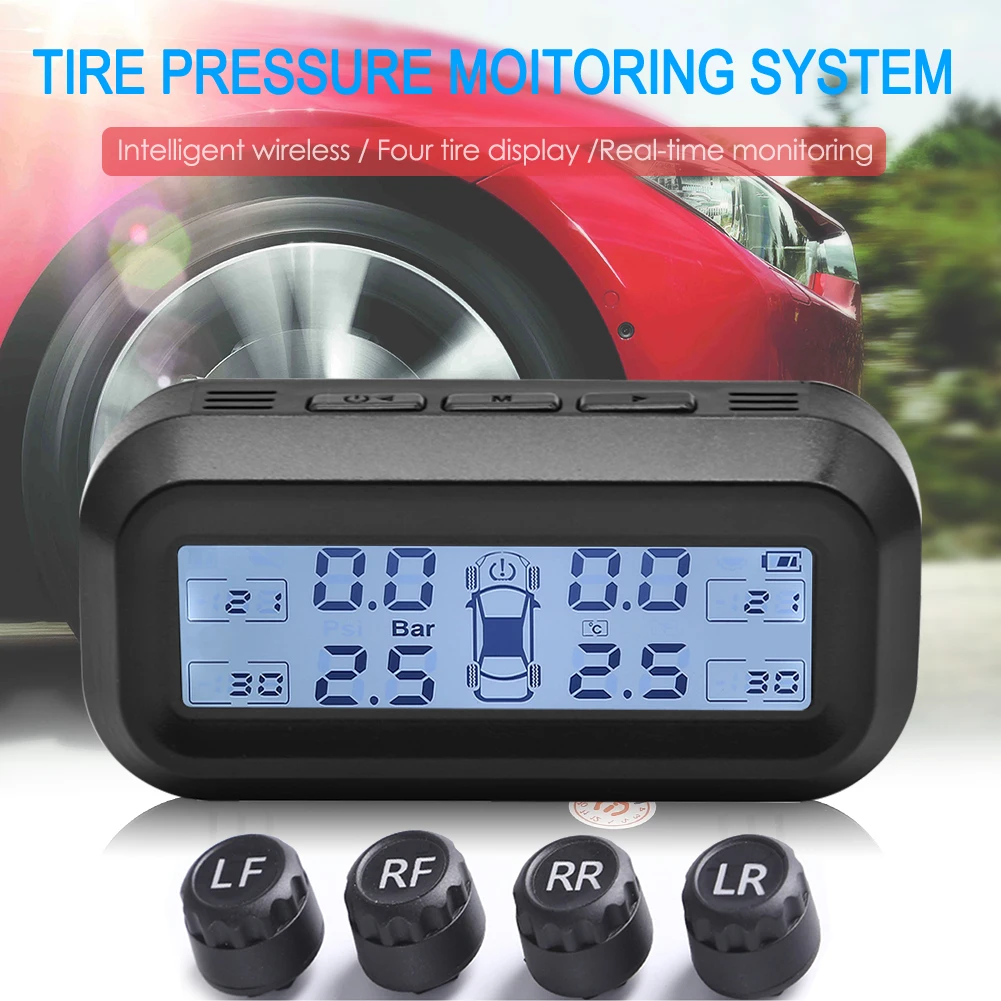 

Solar TPMS Car Tire Pressure Monitoring System LCD Digital Display Tyre Temperature Alarm with 4 External Internal Sensors