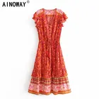 Винтажное шикарное женское платье макси в стиле хиппи с цветочным принтом и бахромой с глубоким V-образным вырезом из вискозы, богемное женское платье без рукавов в стиле бохо, платья