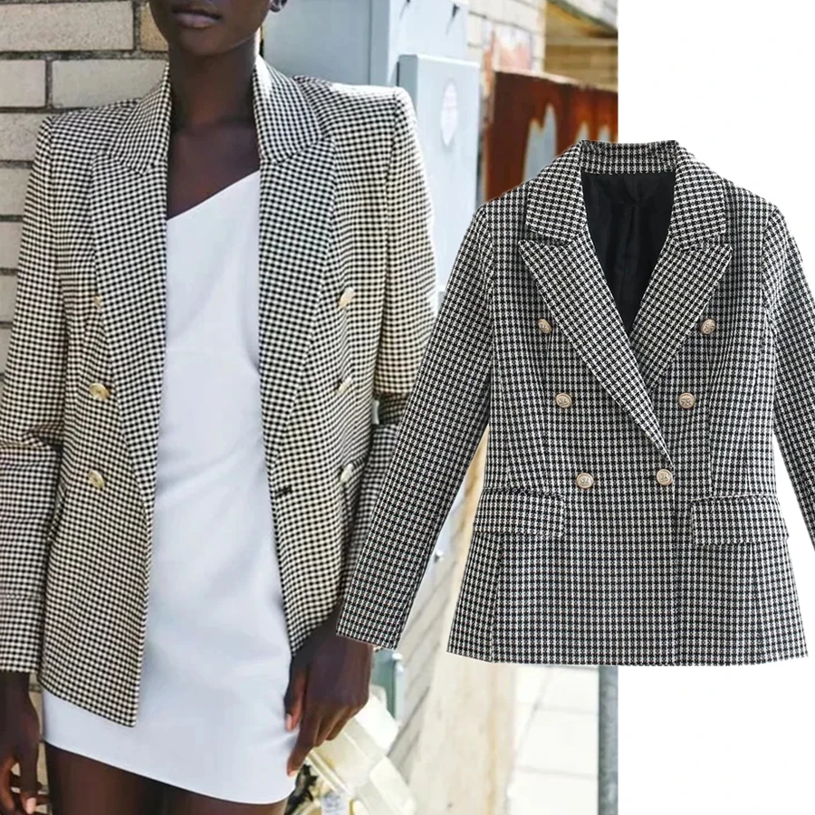 

Maxdutti Blazers And Jackets England Office Lady Elegant Blazer Women Houndstooth Plaid Casual Blazer Feminino Texture Women Top