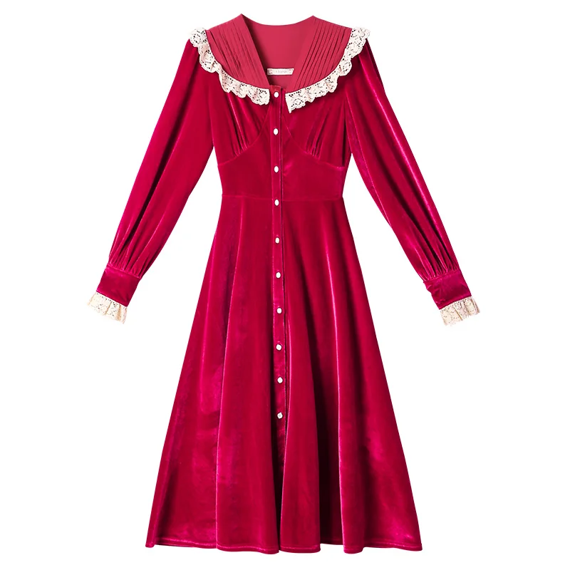 

French velvet dress women's autumn winter long 2021 new high-end waist slim temperament red dress
