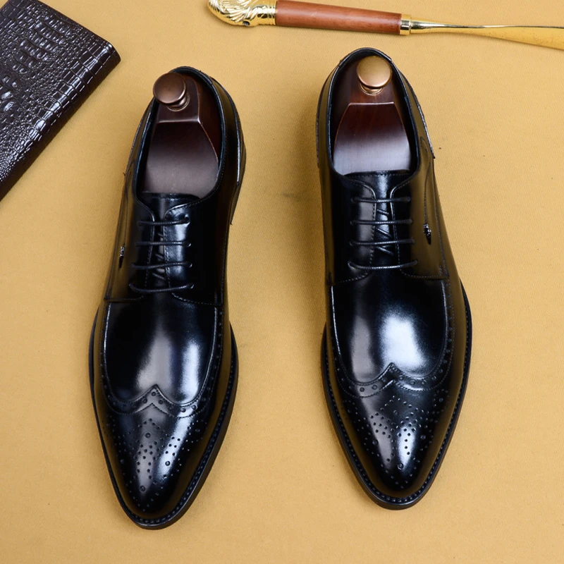 Туфли-Броги мужские из натуральной кожи дышащие туфли без каблука с круглым