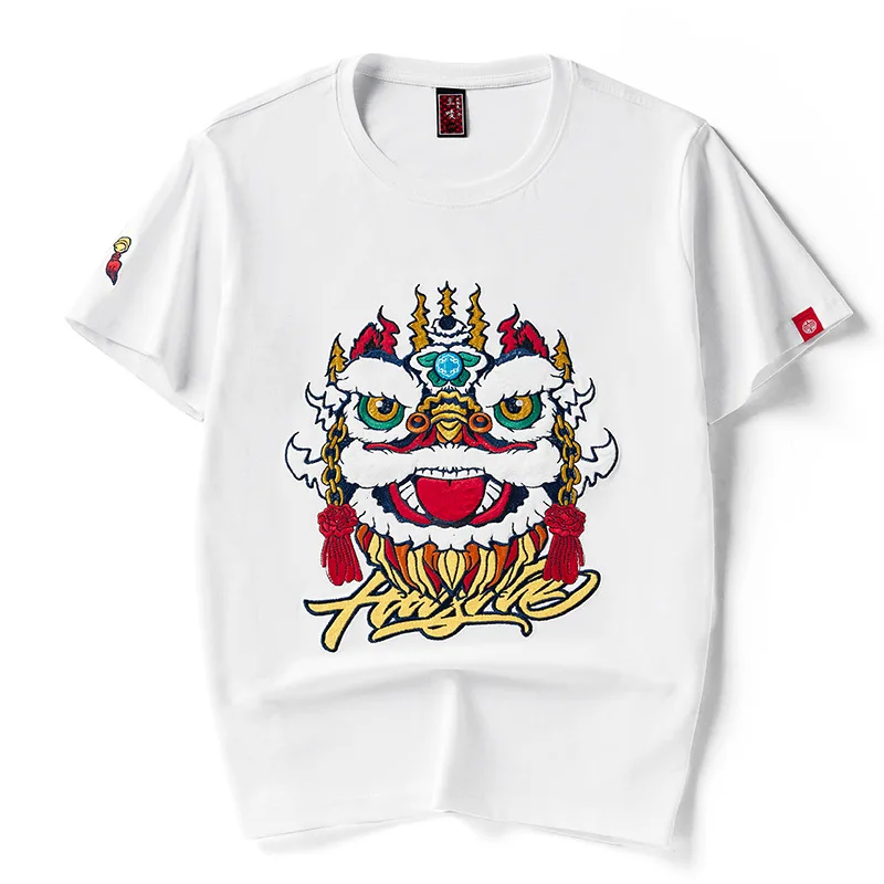 

Summer New Style Chinese Style Heavy Industry Embroidery Lion Dance Cotton Ethnic Short-Sleeved T-Shirt Male Trend Half-Sleeved