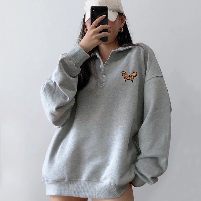 

Women Polo Neck Embroidery Butterfly Oversized Sweatshirt In Grey Marl