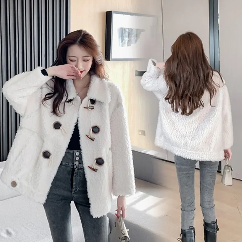 

Ladies Jacket And Coats Winter Fashion Horn Button Faux Lamb Fur Coat Warm Thick Loose Plush Coat Winter Jacket Women Teddy Coat