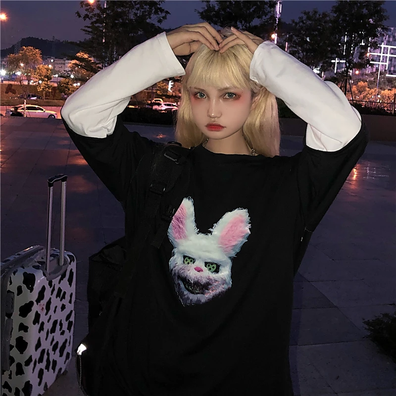 Lychee Harajuku, о-образный вырез, Лоскутная женская футболка, длинный рукав, Поддельные 2 штуки, осенние женские футболки, принт с темным Кроликом, женская футболка