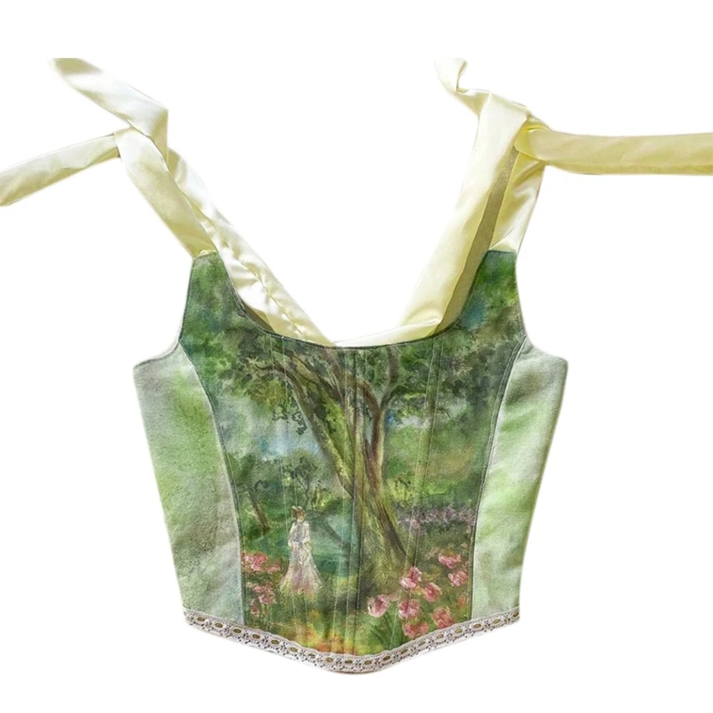 

Women Tie-Up Ribbon Corset Crop Top Sexy Backless Lace-Up Slim Bustier Camisole Retro Oil Painting Boned Tank Top Vest