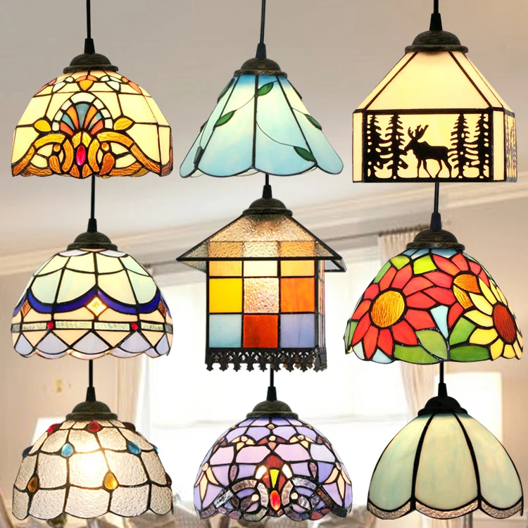 

Modern Tiffany Baroque Stained Glass Suspended Luminaire E27 LED Iron Chain Pendant Light Lamp for Home Parlor Dining Room