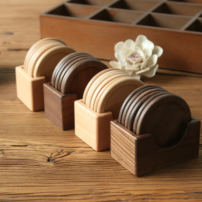 

Vintage Tableware Wooden coaster set walnut round solid wood teacup mat creative dining mat cup holder placemat cup mat Coasters