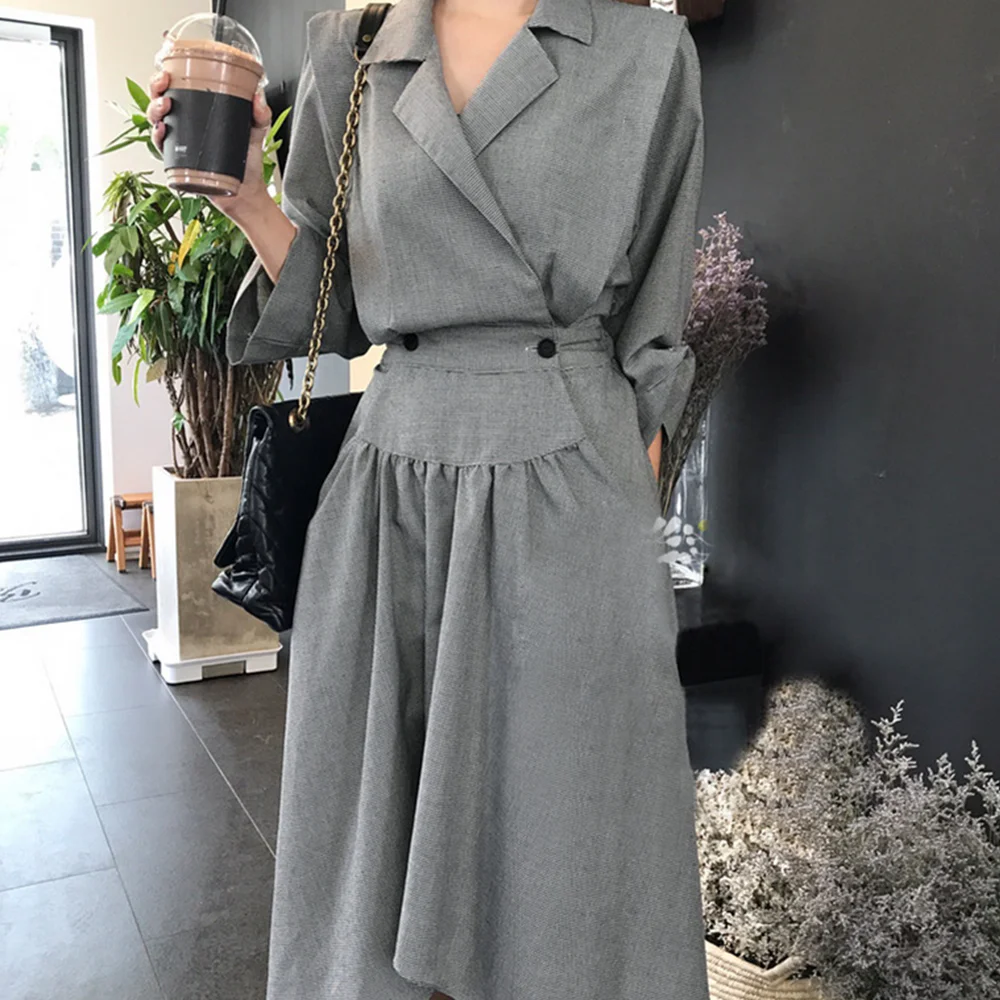 Осенние женские платья в Корейском стиле с высокой талией длинное женское платье