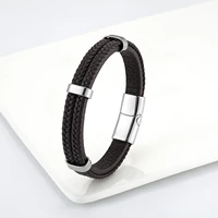 2021 new simple fashion punk style 3 ring stainless steel mens bracelet charm 3 layer leather rope classic bracelet